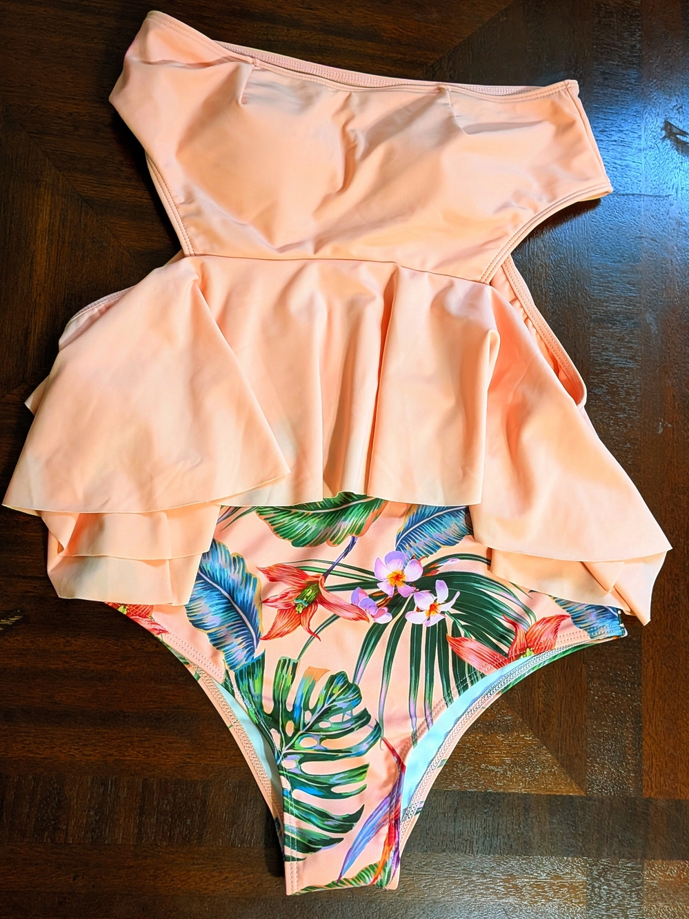 Shein Light Coral Tropical Flower Strapless Bikini, side cutouts, Size Medium